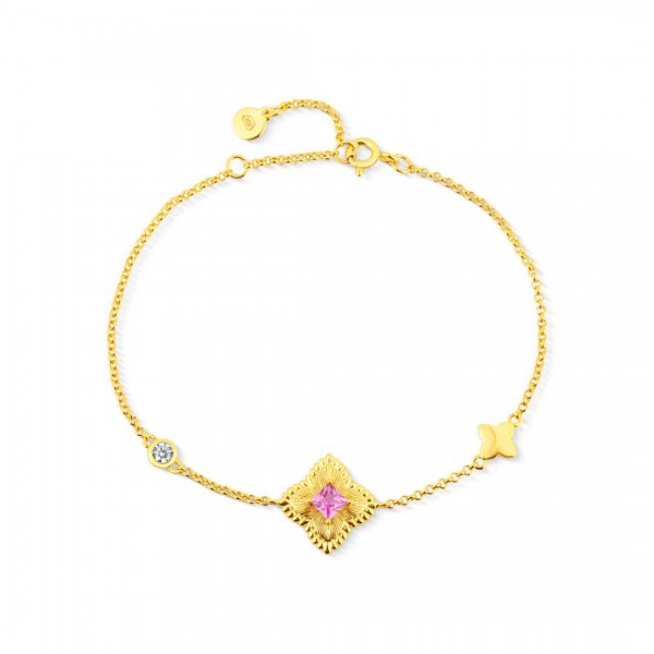 Bransoletka srebrna złocona z różową cyrkonią w ozdobnym rombie