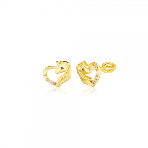 Kolczyki srebrne - pozłacane jednorożce z kolorowymi cyrkoniami