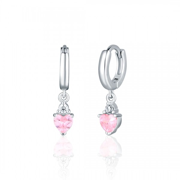 Kolczyki srebrne z różowymi cyrkoniami - wiszące serduszka