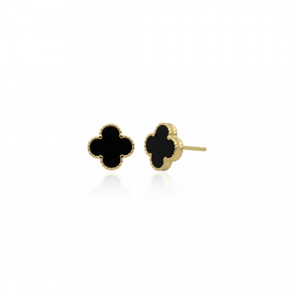 Kolczyki srebrne pozłacane na sztyft - koniczynki z onyksem
