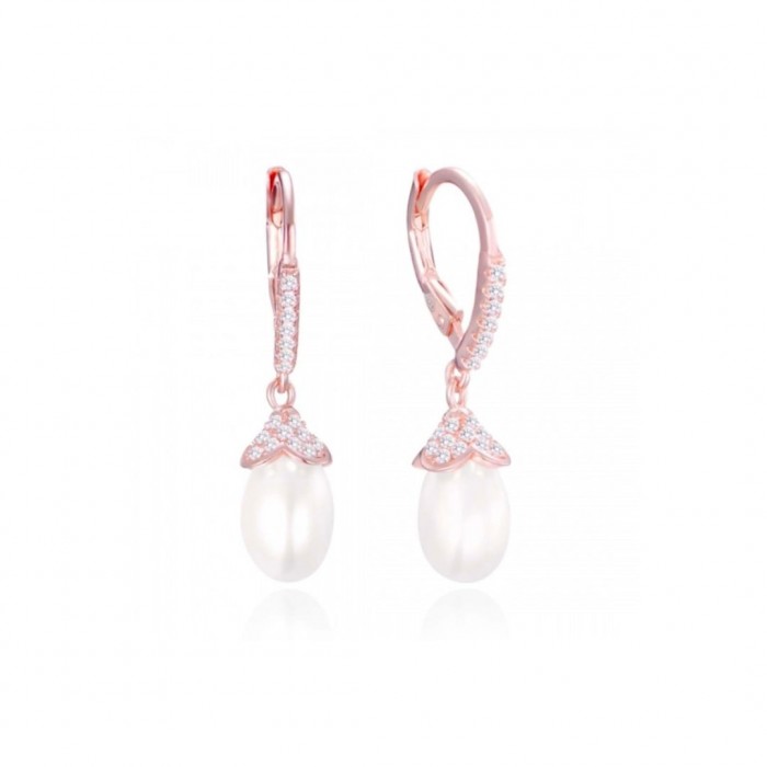 Kolczyki srebrne rose gold - naturalne perły z wieloma cyrkoniami
