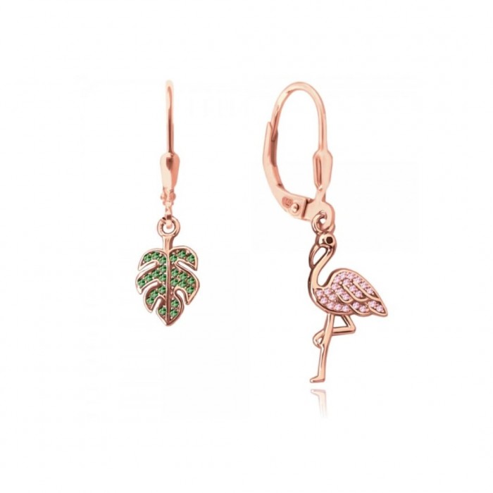 Kolczyki srebrne z cyrkoniami - flaming i liść