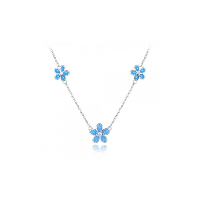 Naszyjnik srebrny - kwiaty z niebieskimi opalami