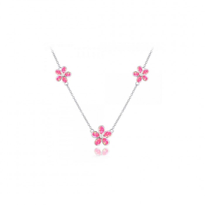 Naszyjnik srebrny - kwiaty z różowymi opalami
