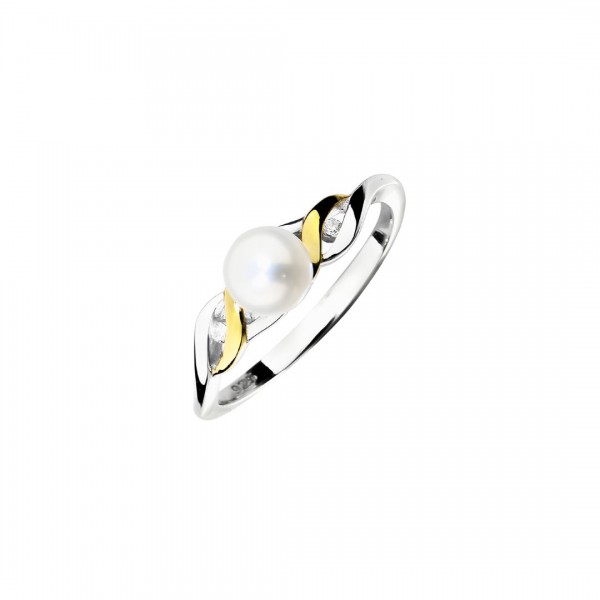 Pierścionek srebrny 925 - dwukolorowy z perłą i cyrkoniami