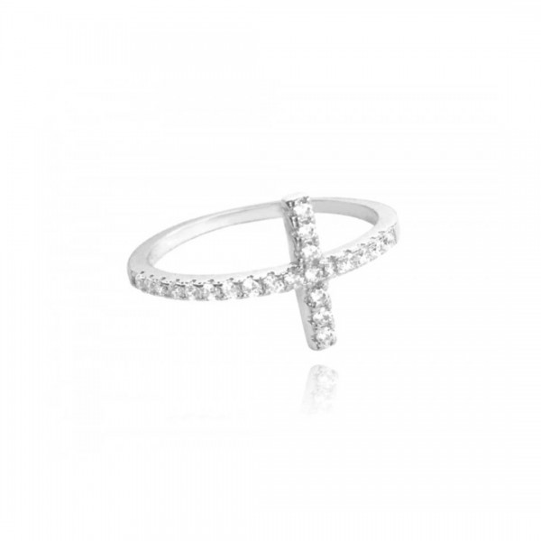 Pierścionek srebrny krzyż z cyrkoniami