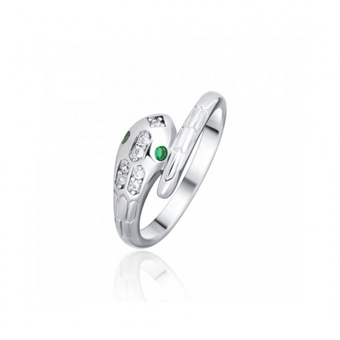 Pierścionek srebrny z białymi i zielonymi cyrkoniami - wąż