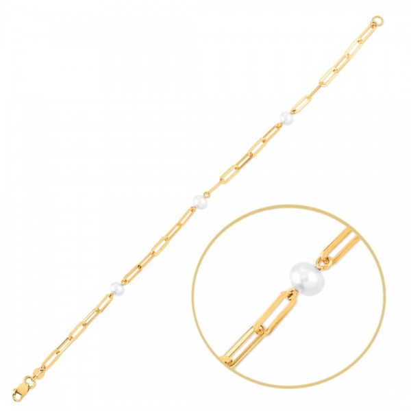 Bransoletka złota pr. 585 ogniwa z białymi perłami