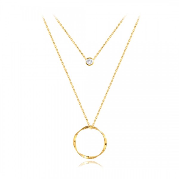 Naszyjnik złoty podwójny z cyrkonią i skręcaną zawieszką