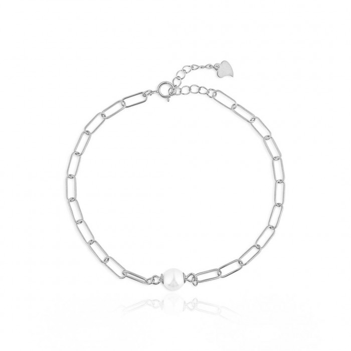 Bransoletka srebrna - biała perła z ogniwami