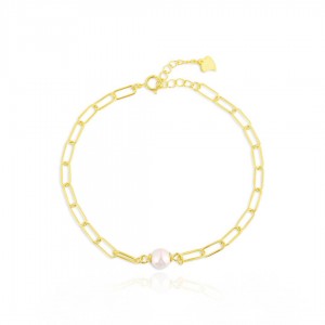 Bransoletka srebrna pozłacana - biała perła z ogniwami