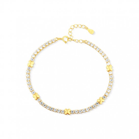 Bransoletka srebrna pozłacana - kostka z cyrkoniami i koniczynami