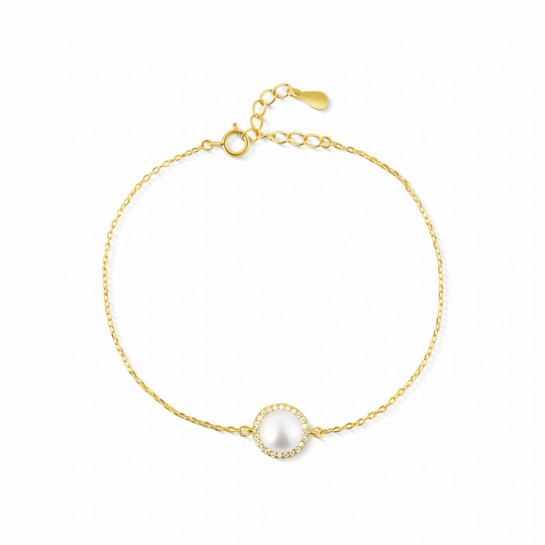 Bransoletka srebrna pozłacana - naturalna perła z cyrkoniami 