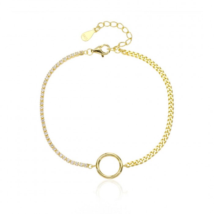 Bransoletka srebrna pozłacana z cyrkoniami i kółeczkiem