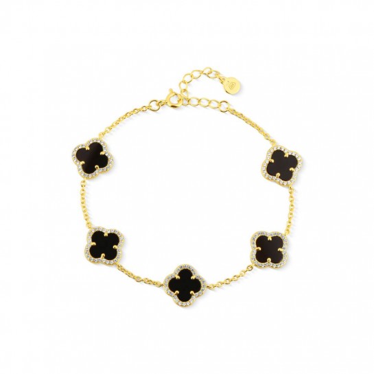 Bransoletka srebrna pozłacana z koniczynami zdobionymi onyksem