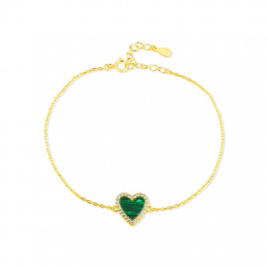Bransoletka srebrna pozłacana z sercem zdobionym malachitem