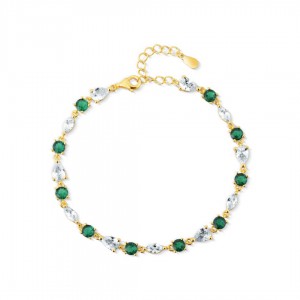 Bransoletka srebrna pozłacana zdobiona białymi i zielonymi cyrkoniami