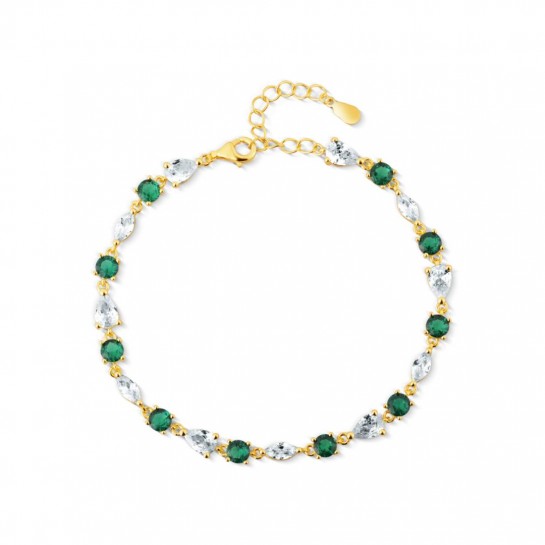 Bransoletka srebrna pozłacana zdobiona białymi i zielonymi cyrkoniami