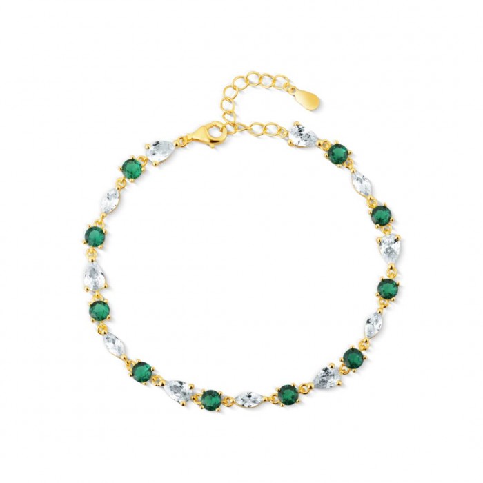 Bransoletka srebrna pozłacana zdobiona białymi i zielonymi cyrkoniami