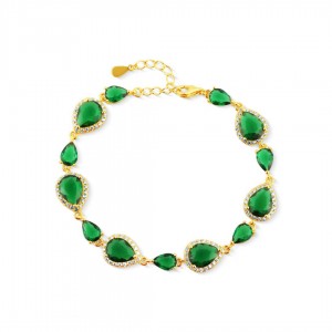 Bransoletka srebrna pozłacana - zielone cyrkonie łezka