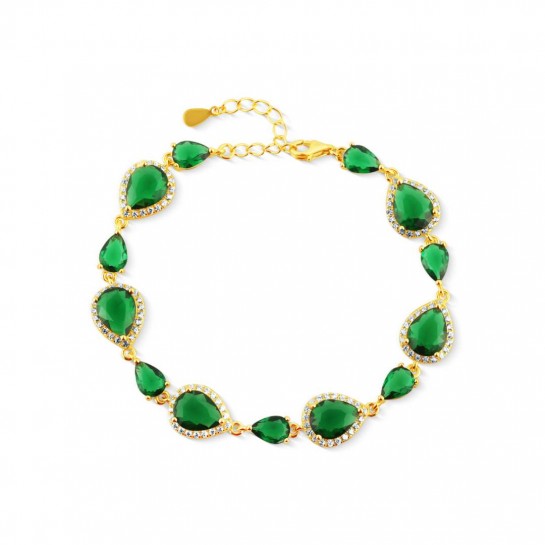 Bransoletka srebrna pozłacana - zielone cyrkonie łezka