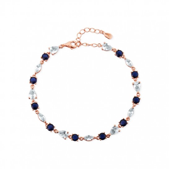 Bransoletka srebrna rose gold zdobiona białymi i granatowymi cyrkoniami