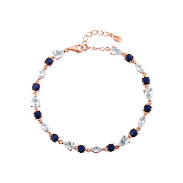 Bransoletka srebrna rose gold zdobiona białymi i granatowymi cyrkoniami