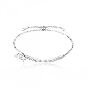 Bransoletka srebrna ściągana regulowana z cyrkoniami i krzyżykiem