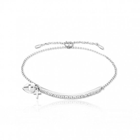 Bransoletka srebrna ściągana regulowana z cyrkoniami i krzyżykiem