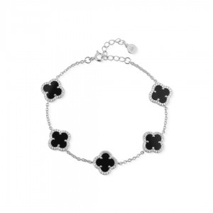 Bransoletka srebrna z koniczynami zdobionymi onyksem