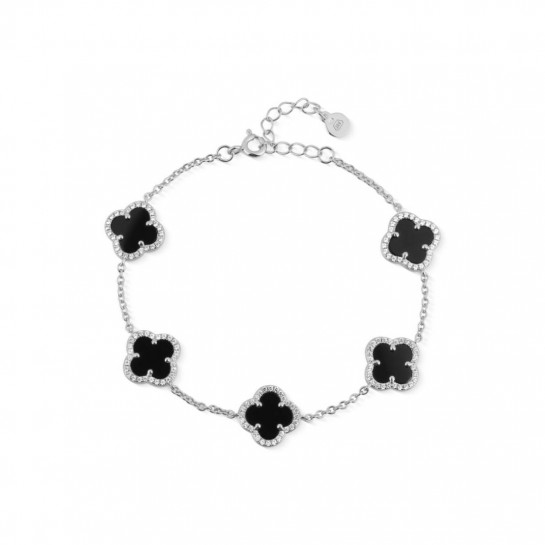 Bransoletka srebrna z koniczynami zdobionymi onyksem