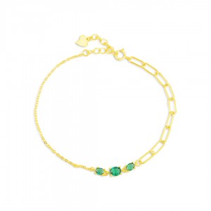 Bransoletka srebrna złocona - ogniwa z zielonymi cyrkoniami