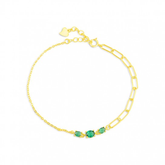 Bransoletka srebrna złocona - ogniwa z zielonymi cyrkoniami