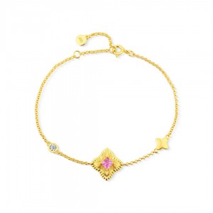 Bransoletka srebrna złocona z różową cyrkonią w ozdobnym rombie