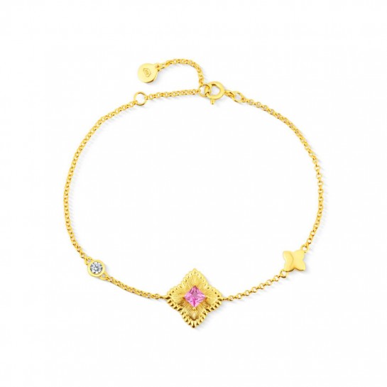 Bransoletka srebrna złocona z różową cyrkonią w ozdobnym rombie