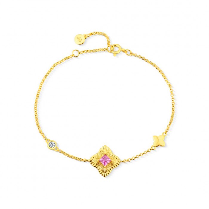 Bransoletka srebrna złocona z różową cyrkonią w ozdobnym rombie