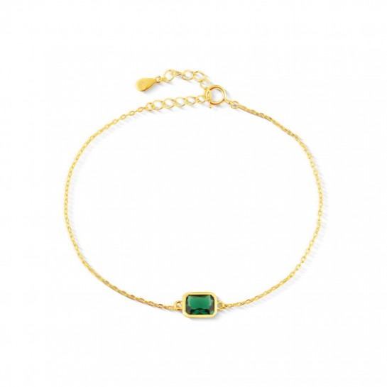 Bransoletka srebrna złocona z zieloną prostokątną cyrkonią