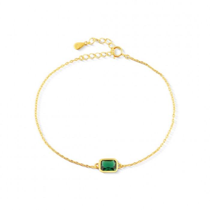Bransoletka srebrna złocona z zieloną prostokątną cyrkonią