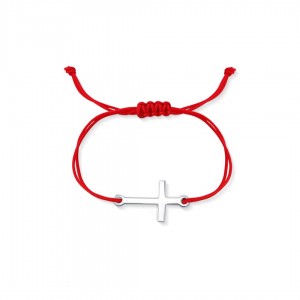 Bransoletka sznurkowa czerwona srebrna - krzyż gładki