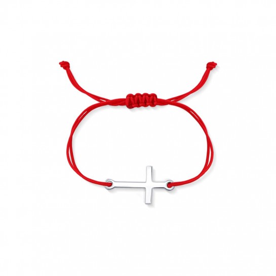 Bransoletka sznurkowa czerwona srebrna - krzyż gładki