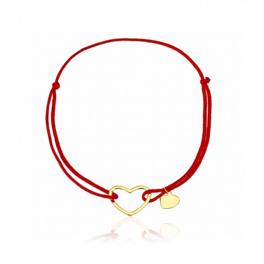 Bransoletka sznurkowa czerwona srebro pozłacane - dwa serduszka