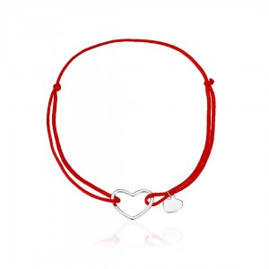 Bransoletka sznurkowa czerwona srebro pr. 925 dwa serduszka