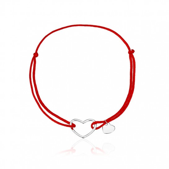 Bransoletka sznurkowa czerwona srebro pr. 925 dwa serduszka