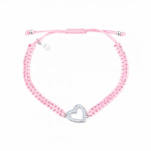 Bransoletka sznurkowa różowa srebro pr. 925 serce z cyrkonami