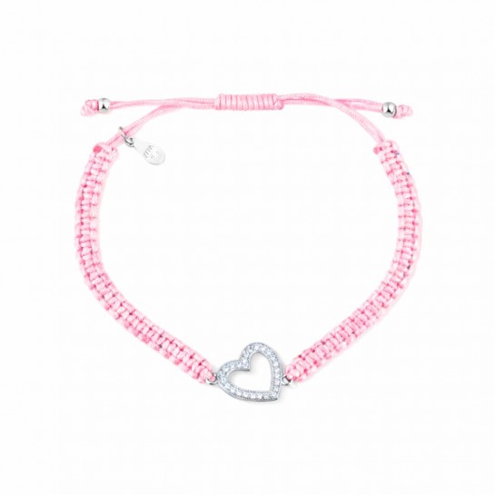 Bransoletka sznurkowa różowa srebro pr. 925 serce z cyrkonami