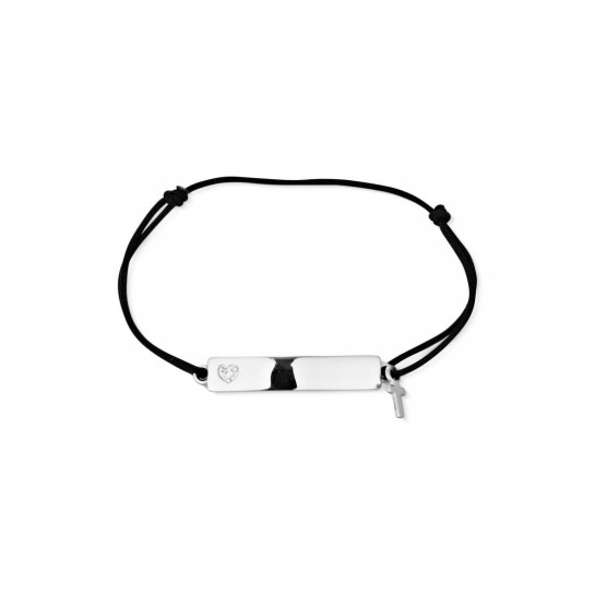Bransoletka sznurkowa srebrna 925 blaszka serce krzyżyk czarna regulowana