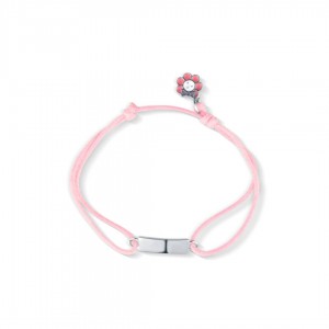 Bransoletka sznurkowa srebrna 925 blaszka z kwiatkiem różowa 