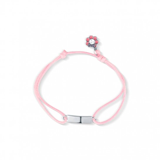 Bransoletka sznurkowa srebrna 925 blaszka z kwiatkiem różowa 