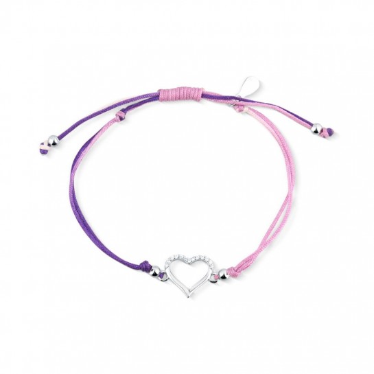 Bransoletka sznurkowa srebrna 925 serce cyrkonie kolorowa