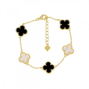 Bransoletka srebrna pozłacana z masą perłową i onyksem - koniczynki